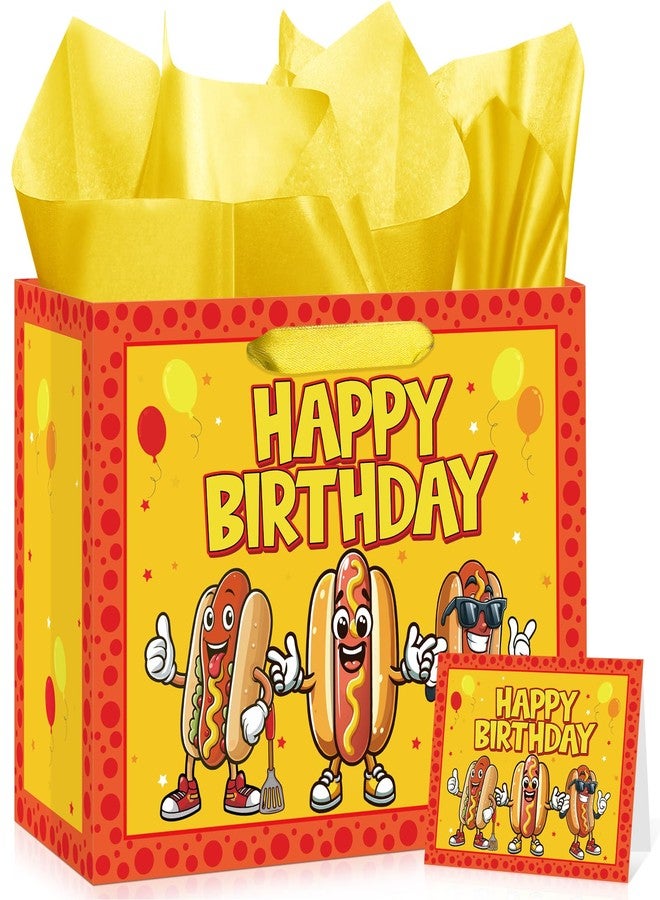 Woosytoo Cartoon Hot Dog Birthday Gift Bag Funny Hot Dog Themed Birthday Wrapping Paper Bag with Tissue Paper Card for Kids Adults Picnic BBQ Sausage Food Snacks Hotdog Bday Baby Shower Party Supplies - Image 1